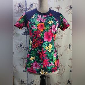 Tommy Bahama Rash Guard Swim Shirt/  Size S/P Hawaiian Floral/ 1/4 Back Zip